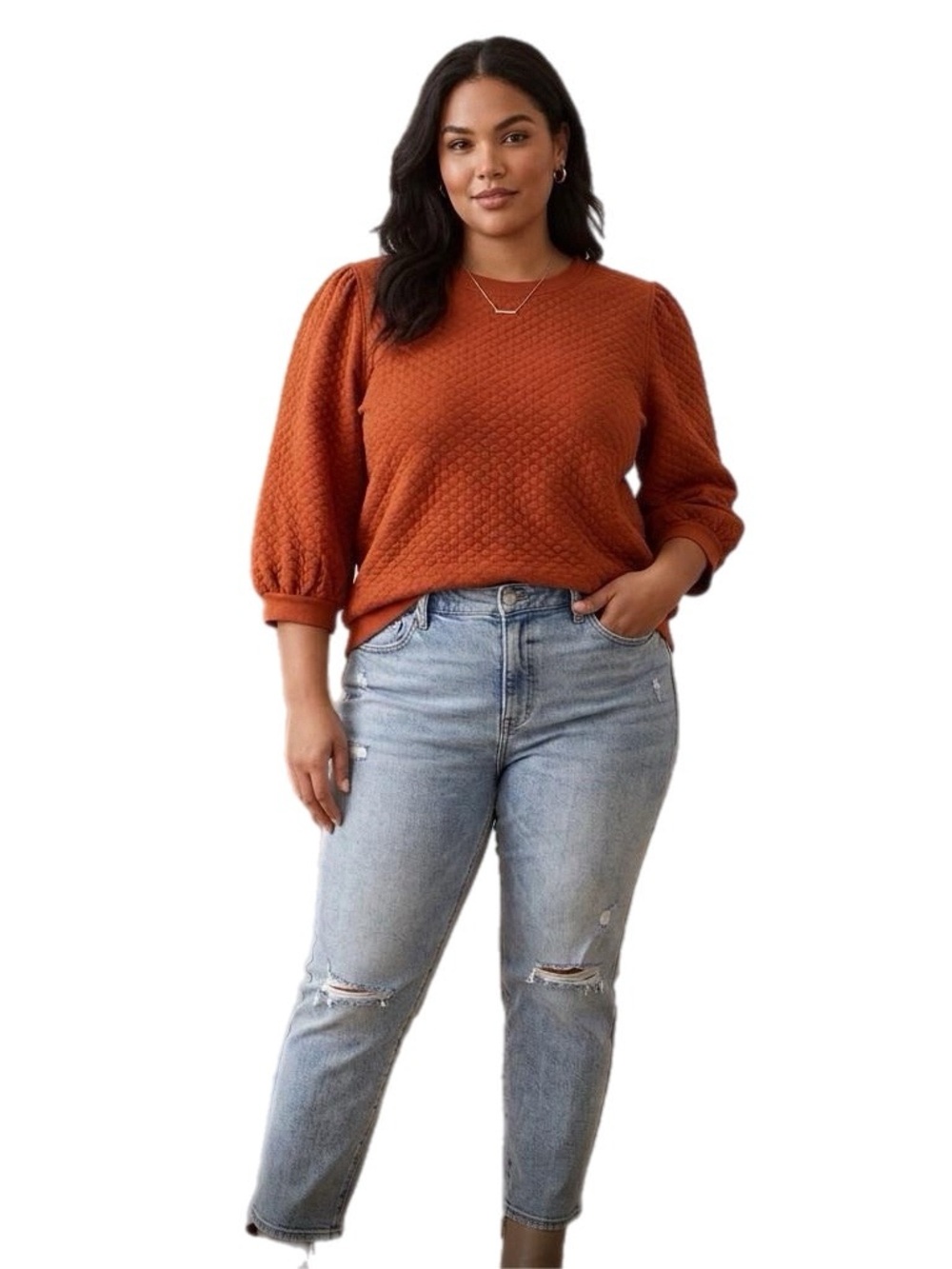 Time and Tru Rust Puff-Sleeve Textured Crewneck Top Size XL